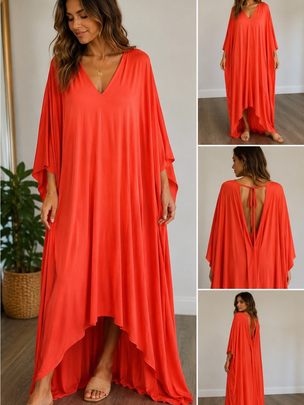Flowy V-Neck Maxi Caftan Dress in Bright Coral Designer Venezia T-bags